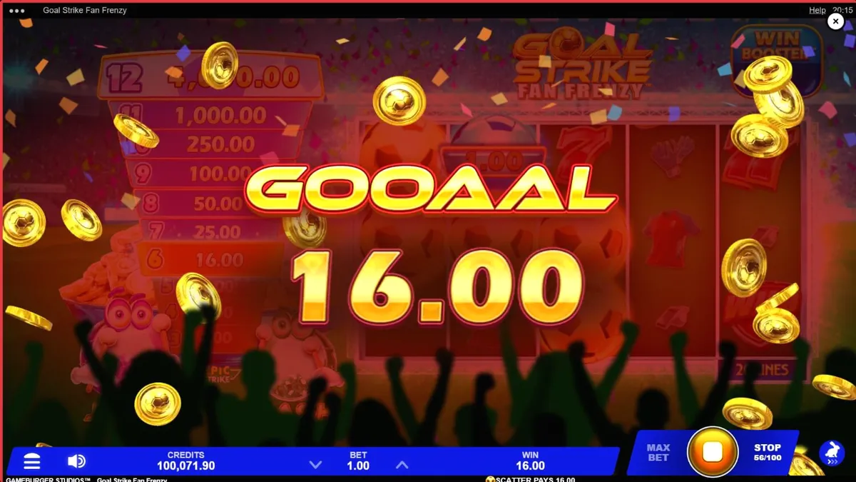 Isang makulay na visual ng Goal Strike Fan Frenzy slot na nagpapakita ng football theme at stadium atmosphere.