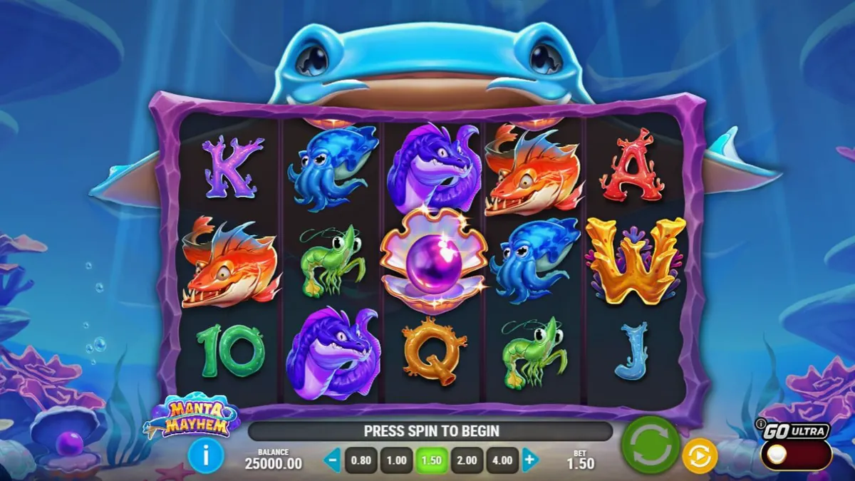 Isang makulay na underwater scene mula sa Manta Mayhem slot na nagpapakita ng manta ray at coral reef.